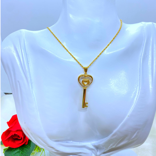 18K Real Gold Heart Key Necklace 18”